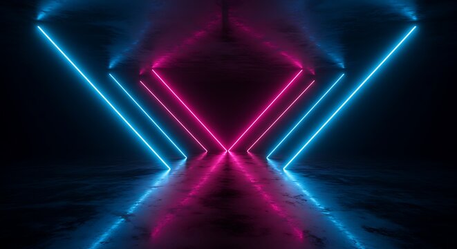 Abstract geometric tunnel with glowing neon blue and pink lines reflecting on a wet floor, creating a futuristic and mysterious atmosphere