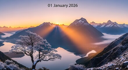 A breathtaking sunrise illuminates the snowcapped mountains and serene lake on a crisp 01 january 2026 morning, creating a tranquil scene