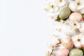 Overhead shot of eggs and white flowers arranged on a white surface