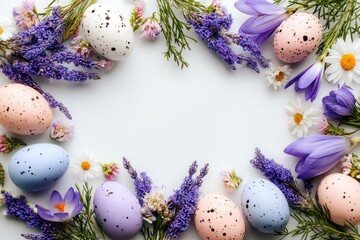 Pastel speckled eggs & spring flowers, forming a border against white