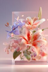 Floral arrangement of lilies & irises in a clear cube against a gradient background