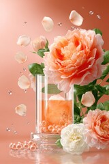 Peach-toned roses in a glass with falling petals and water droplets against a warm background