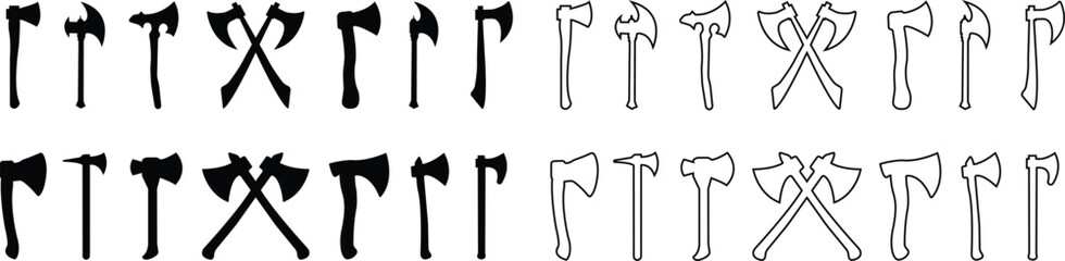 Axe Icon Set, Collection and Group of Battle Axe, Hatchet, and War Tool Symbols, Black Flat and Line Vector Medieval Weapon, Lumberjack Tool, and Combat Armory Design for Graphic Use