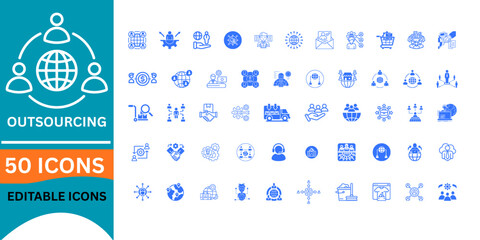 Streamline business with this outsourcing icon collection for global reach, efficient teamwork, and enhanced partnership opportunities in modern business