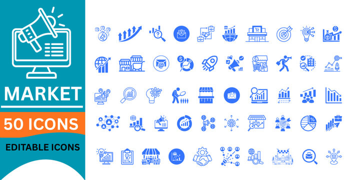 Boost your brand with this collection of marketing icons, perfect for presentations and websites, showing growth, email, and targeting, originally a vector