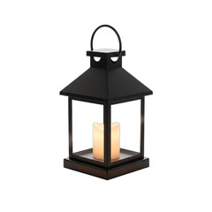 Black Metal Lantern With Lit Cream Candle Isolated on Transparent Background