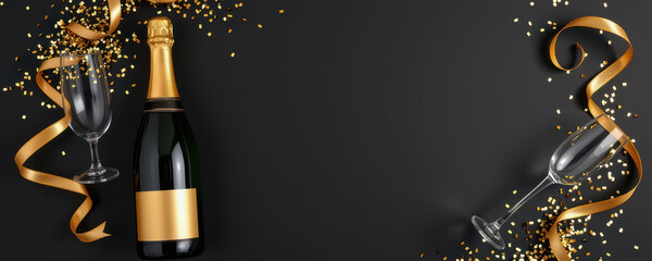 New year’s eve celebration glassware and wine cheers festive environment flat lay viewpoint