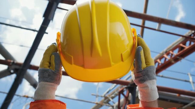 Construction worker raises safety helmet at building site