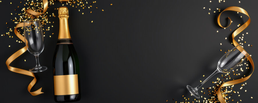 New year’s eve celebration glassware and wine cheers festive environment flat lay viewpoint