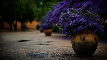 Rustic Mediterranean Courtyard with Purple Flowers