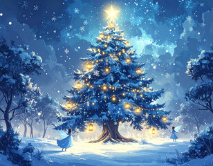 Christmas tree in a winter wonderland with fairies and lights