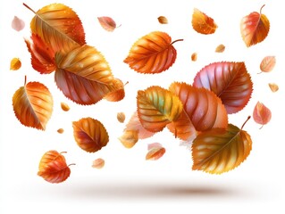 Vivid digital illustration of colorful fall leaves floating against a pure white background