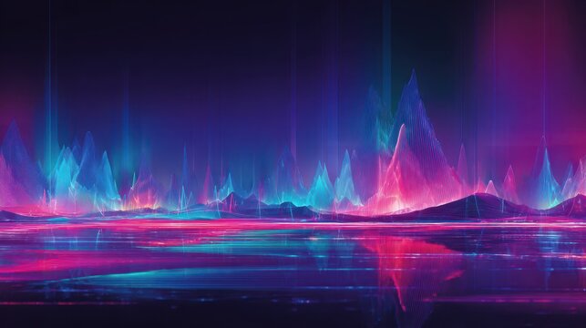 Abstract panoramic neon energy lines across a futuristic horizon in pink, blue and violet
