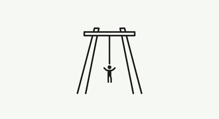 Simple line drawing depicts a person swinging on a playground swing set.