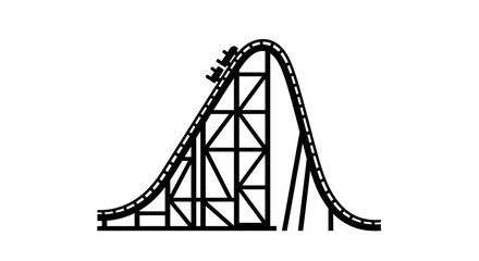 A black and white illustration of a roller coaster climbing a large hill.