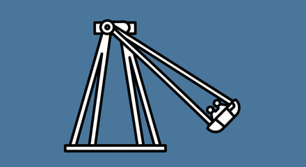Illustration of a swing ride at an amusement park, with a white frame and a blue background.