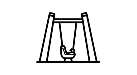 A simple line drawing of a swing set with a seat, isolated on white.