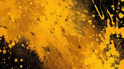 Abstract yellow grunge texture on black background with bold brush strokes and splatters