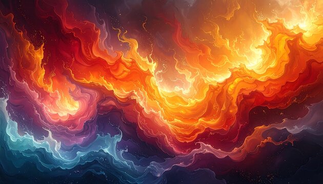 A vibrant, swirling abstract composition of fiery reds, oranges, and yellows blending with blues and purples in a dynamic display