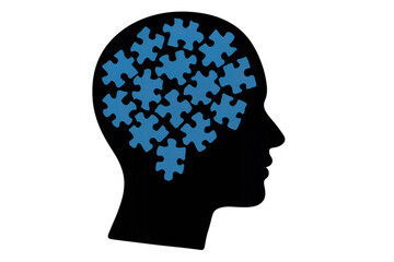 Human head profile silhouette forming brain with blue puzzle pieces, representing mind, psychology, and mental health concepts