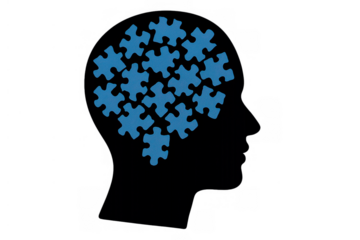 Human head profile silhouette forming brain with blue puzzle pieces, representing mind, psychology, and mental health concepts