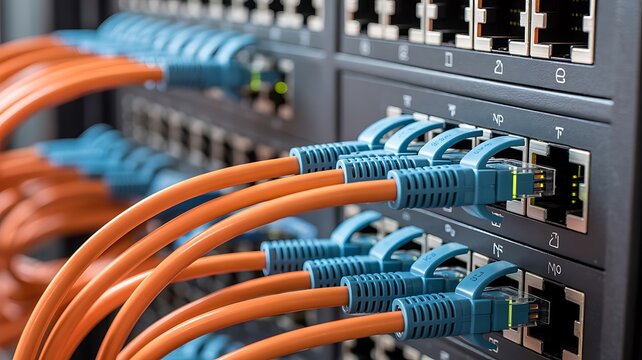 Ethernet network cables connected to a switch for high-speed data