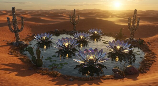 Desert oasis with camels at sunrise