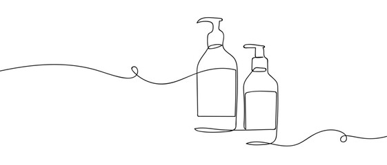 Two shampoo bottles in one continuous line simple linear style. Editable stroke.