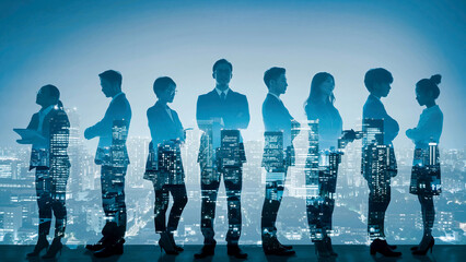 都市オフィスで面接や会議に臨むビジネスマンの集結シルエットがビルで朝日に輝き、希望と協力を象徴