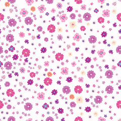 Floral colorful vector rustic pattern with pink ditsy flowers.  Liberty style millefleurs. Trendy floral design
