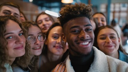 Friends enjoy a joyful gathering at a lively cafe, sharing smiles and laughter. The lively atmosphere adds to the celebration of friendship among a diverse group