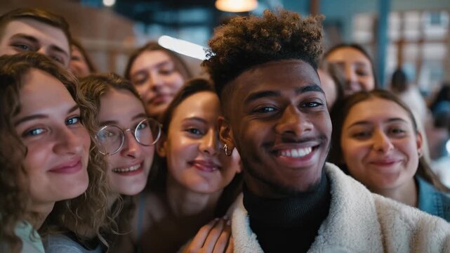 Friends enjoy a joyful gathering at a lively cafe, sharing smiles and laughter. The lively atmosphere adds to the celebration of friendship among a diverse group