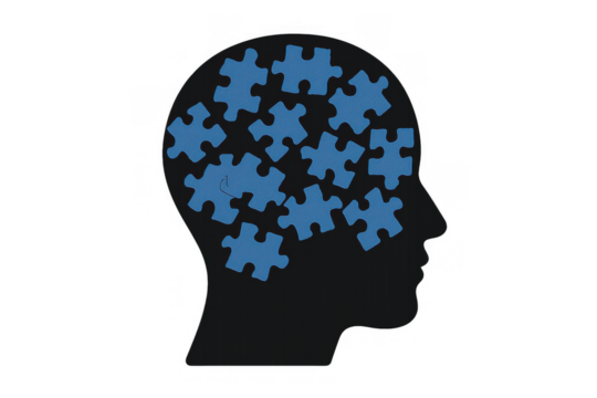 Human head silhouette showing brain, mind, and psychology concepts with various blue jigsaw puzzle pieces on transparent background