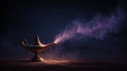 A magical golden lamp emitting ethereal purple smoke, a symbol of wishes granted