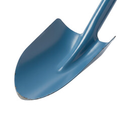 Blue metal shovel head with a pointed edge and smooth surface isolated on a black background with studio lighting