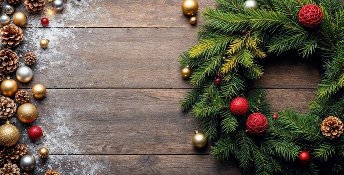 Rustic Christmas background with a festive wreath, pinecones, and gold, red, and silver ornaments arranged on wooden planks dusted with snow, creating a warm traditional holiday atmosphere.