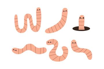 Cute Earthworm Vector Illustration Element Set. Funny Wiggling Worm Character Collection for Fishing, Garden, and Compost Theme