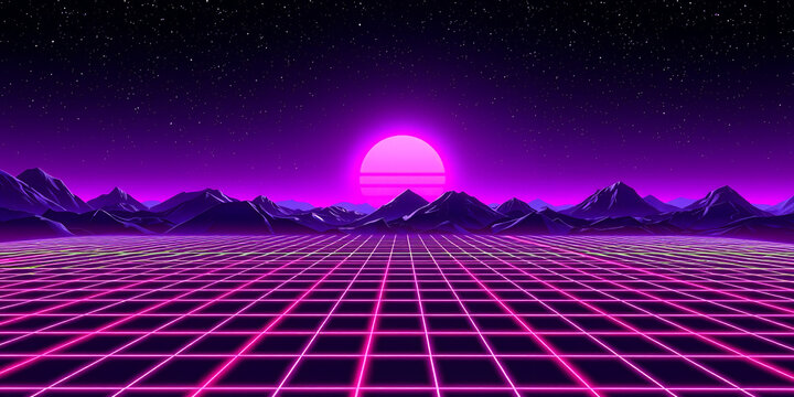 Retro futuristic neon grid landscape with pink sun and stars