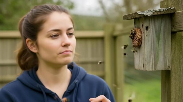 A person actively engages with a bumblebee nest, observing and nurturing the bees crucial for greenhouse pollination in their backyard environment.