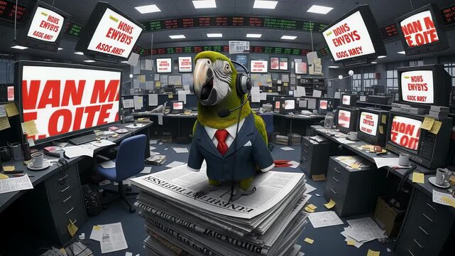 A lively parrot with a beak rapidly mimics political commentators in a busy newsroom, surrounded by spinning news headlines about impending doom and chaos.