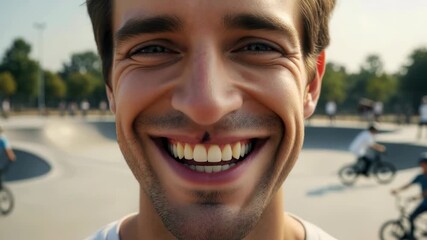 Footage captures a smiling man with a cleft lip scar at a busy skatepark. Nearby, cyclists speed around, showcasing thrilling skills and fast maneuvers. The vibrant atmosphere is contagious.