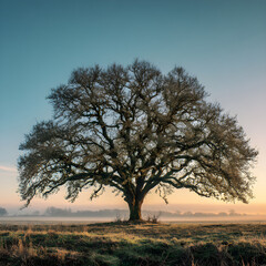 Obraz premium Beautiful Oak Tree with Expansive Branches, Front View, Bright Sky Background