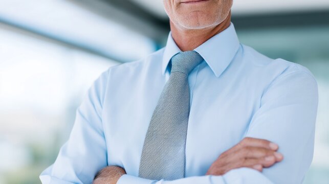 Business professional with a light blue shirt and gray tie stands with arms crossed, exuding confidence in a sleek office filled with natural light - Powered by Adobe