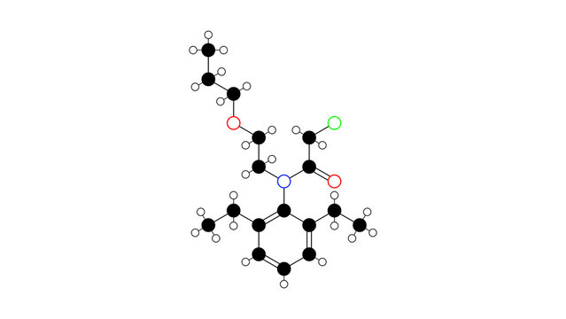 pretilachlor molecule, structural chemical formula, ball-and-stick model, isolated image herbicide
