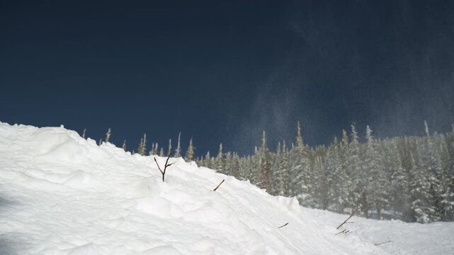Fast male snowboarder jumps at high speed from natural kicker at ski slope against snow capped forest
