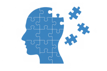 Human head puzzle losing pieces, symbolizing memory loss, dementia, mental health issues and brain challenges