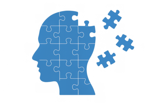 Human head puzzle losing pieces, symbolizing memory loss, dementia, mental health issues and brain challenges
