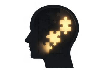 Human head silhouette with glowing puzzle pieces inside, representing problem solving, creativity, ideas, and knowledge
