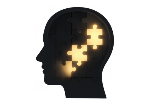 Human head silhouette with glowing puzzle pieces inside, representing problem solving, creativity, ideas, and knowledge