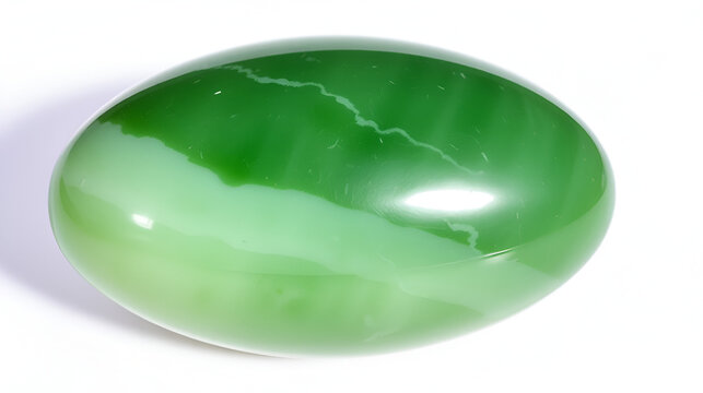 Beautifully polished green nephrite jade egg on a white background